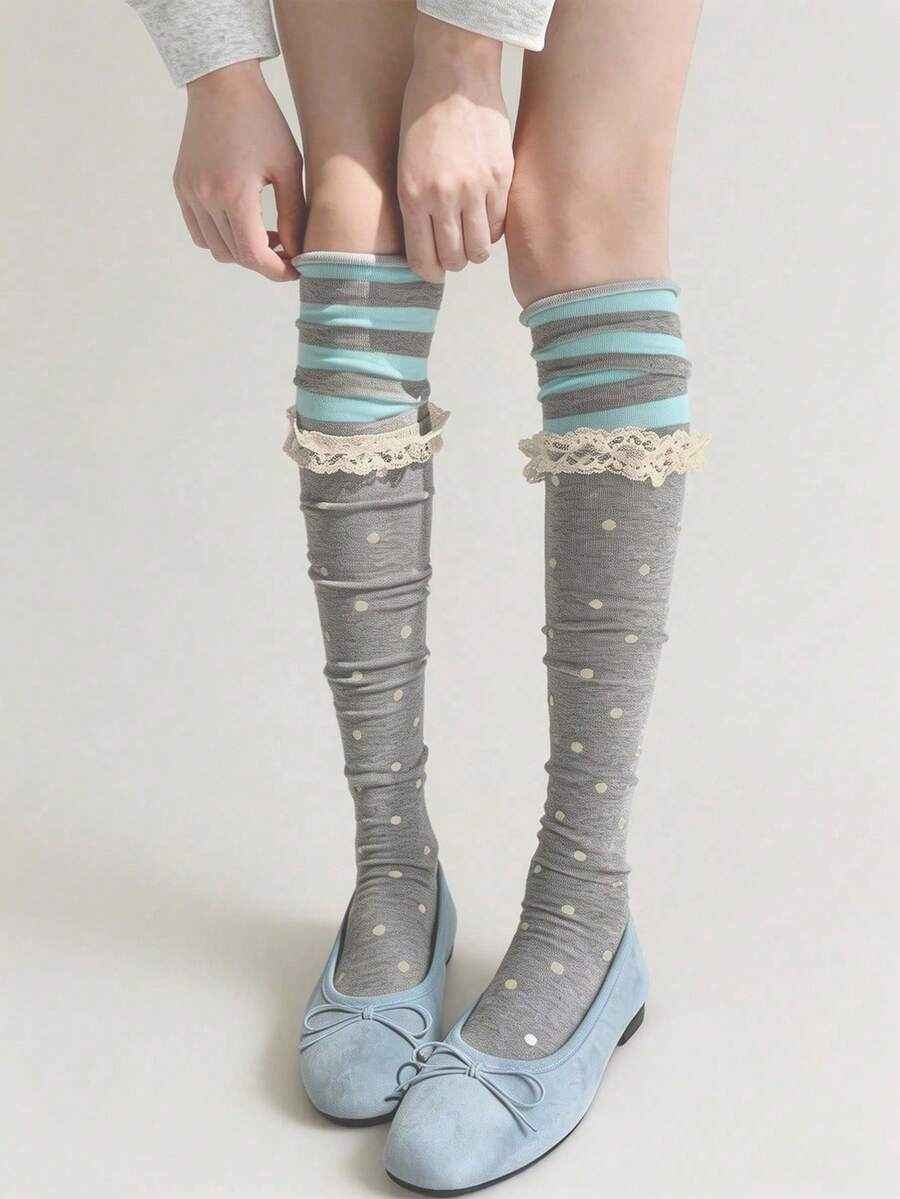 STAR RIVER 1 Pair Autumn/Winter Subculture Retro Mint Green & Grey Striped Polka Dot Contrast Lace Trim Over-The-Knee Socks, Sweet & Cool Y2K