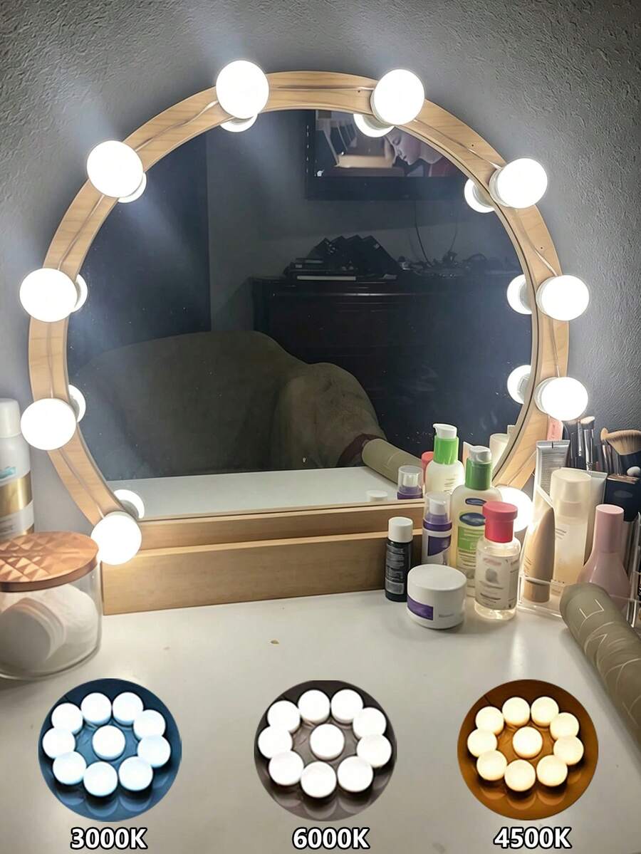 1pc 4/6/8/10/12/14/16 Bulbs Vanity Mirror Light, LED Makeup Mirror Light, Mirror Bulbs, USB Powered, 3-Color Adjustable Brightness, Suitable For Bathroom, Bedroom Makeup Lighting, Gift - White - View 1