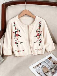 Women's Elegant Round Neck Floral Embroidered Front Button Casual Sweater, Suitable For Spring, Autumn And Summer - Apricot - View 1