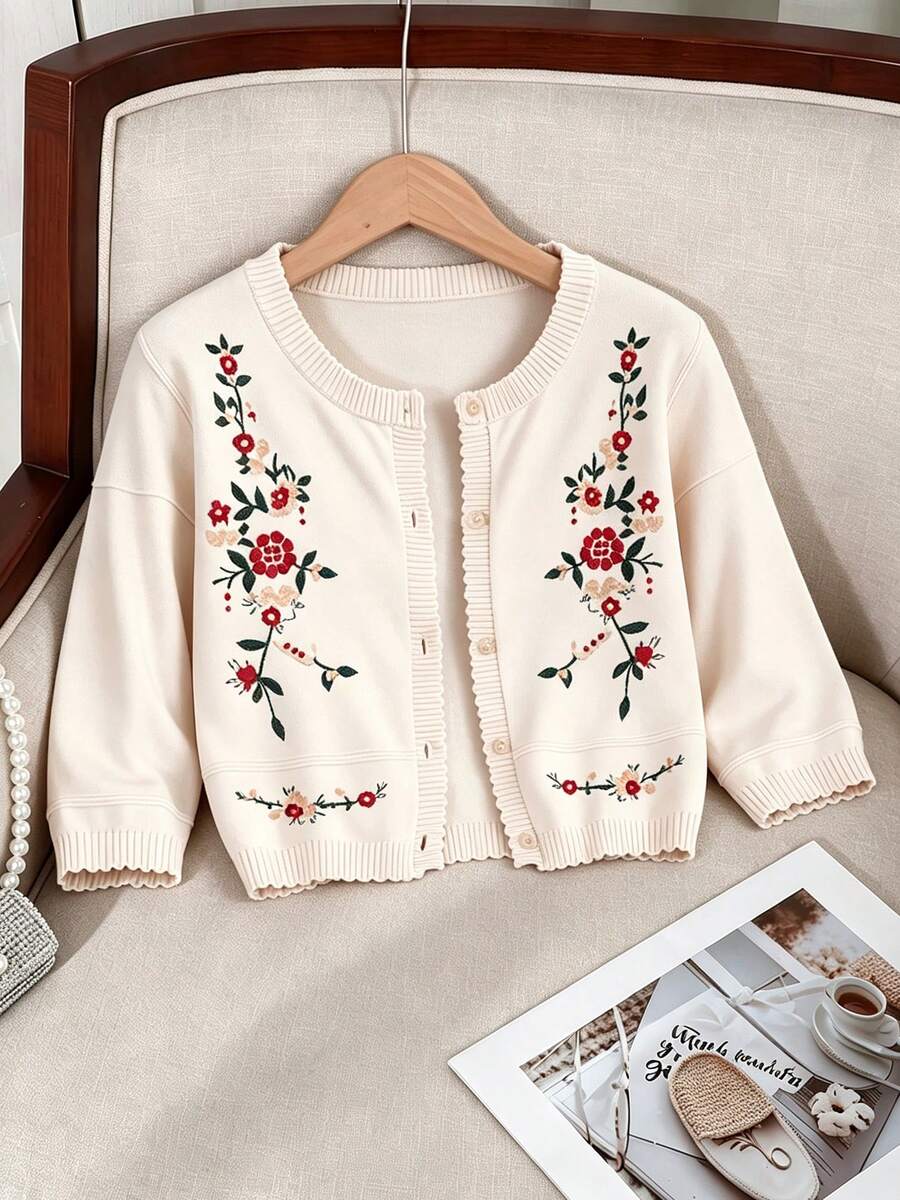 Women's Elegant Round Neck Floral Embroidered Front Button Casual Sweater, Suitable For Spring, Autumn And Summer - Apricot - View 1