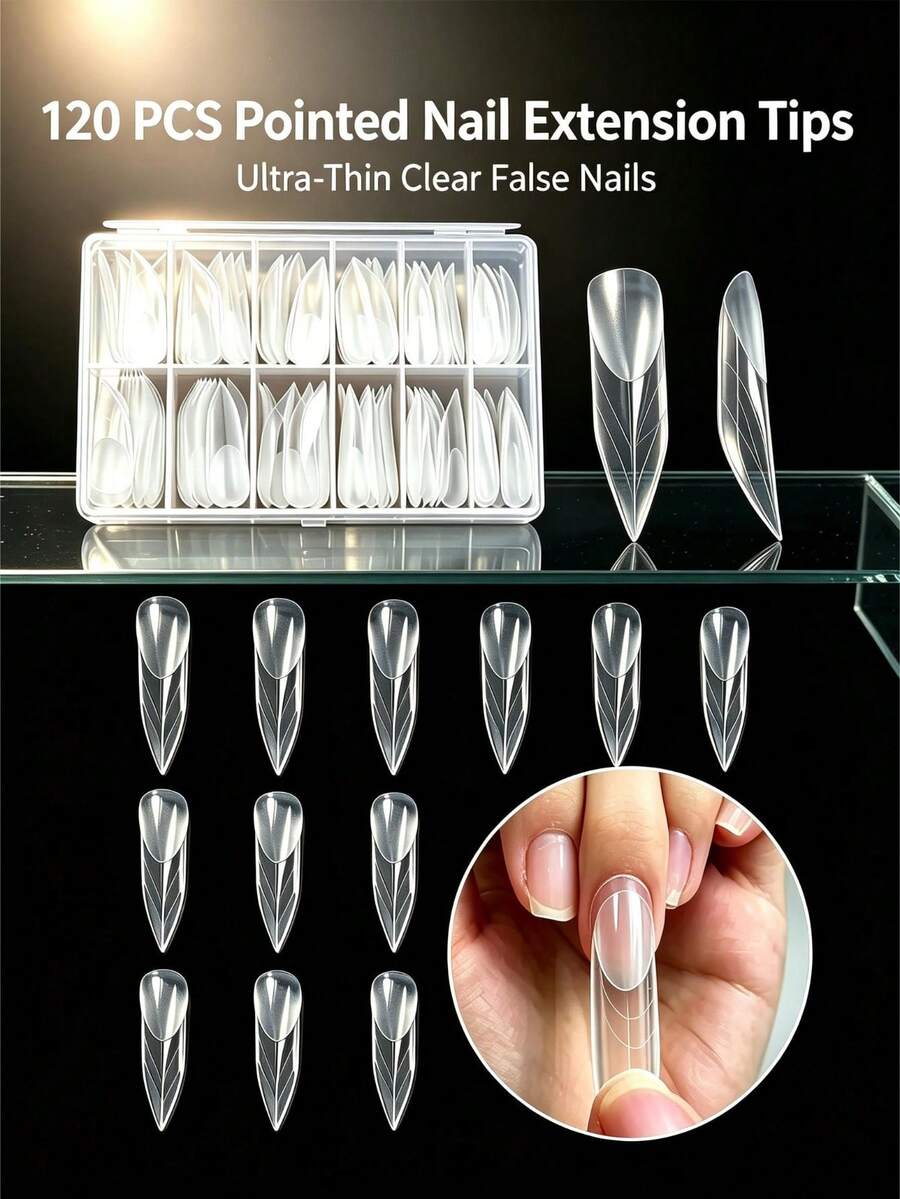 120Pcs/144pcs Clear Nail Tips,Ultra Thin Pointed False Nails,12/14 Sizes Transparent Long Nail Extension Tips For Nail Salon DIY Manicure. - Multicolor - View 1