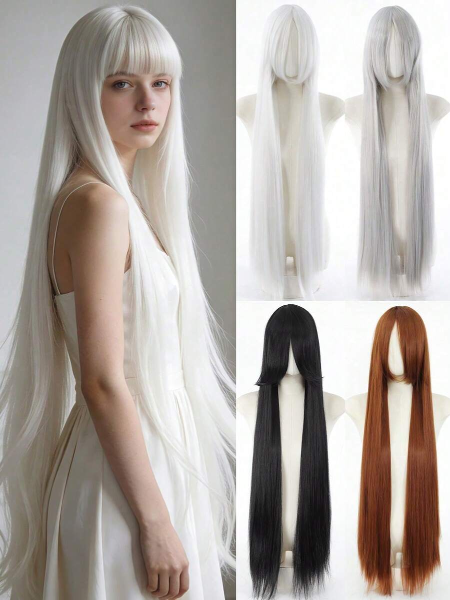 40 Inch Long White Women's Synthetic Wig, Straight Wig With Bangs, Black Wig, Pink Wig, Red Wig, Brown Wig, Blonde Wig, Cosplay Wig Middle Part Natural Straight Hair, Suitable For Daily Wear And Halloween Costume Party - Multicolor - View 1