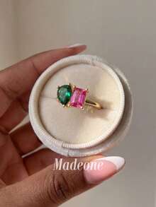 MADEONE 1pc Shiny Green Zirconia Pear-Shaped Ring, Women's Engagement Wedding Party Daily Wear Anniversary Jewelry Gift - Rose Red Green Diamond - View 4