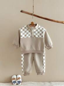 2Pcs/Set Boys' Checkerboard Patchwork Half-Zip Stand Collar Sweatshirt & Jogger Pants Casual Sports Outfit, Spring/Autumn - Khaki - View 8