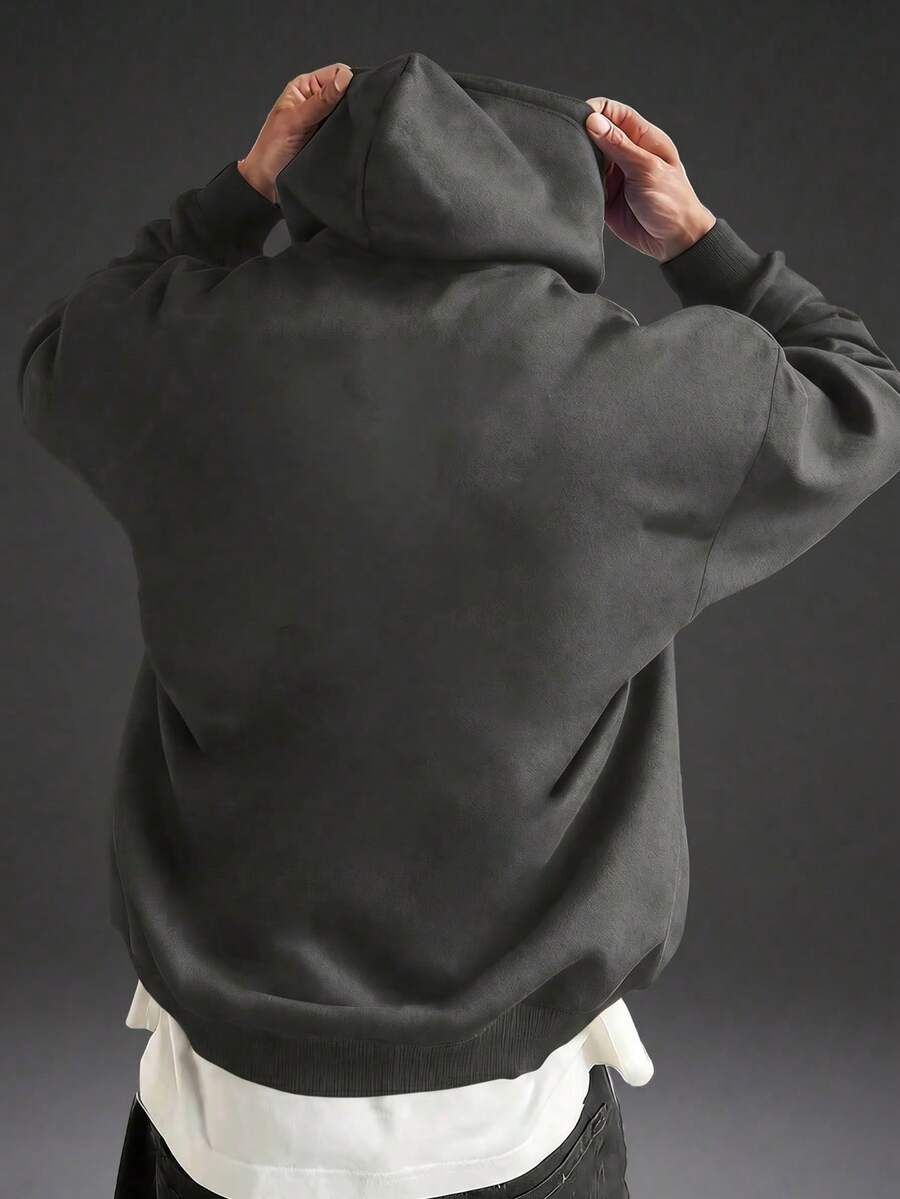 Bodysuit Pria Lengan Panjang dengan Cetakan Huruf, Saku, Tali Serut, Kasual untuk Musim Gugur/Dingin - Dark Grey - View 1