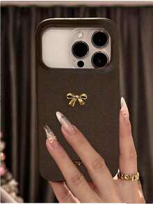 Vintage 3D Bow Brown Lychee Texture Back Cover Protective Case, Compatible With Iphone 18 Pro Max, 18 Pro, 17 Pro Max, 17 Pro, 16, 15, 14, 13 Pro Max, 16, 14, 15, 17, Simple Shockproof Soft Case - Brown - View 2