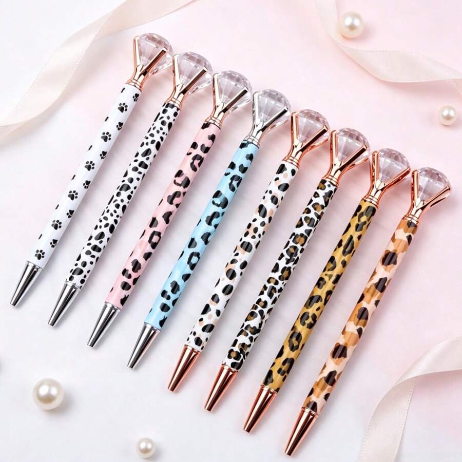 8 Cute Valentine's Day Limited Edition Ballpoint Pens, Featuring Diamond-Shaped Tops And Metal-Coated Tips. The Ink Flows Smoothly, Making Writing Easy Without Skipping. Perfect For Everyday Writing, Office Notes, Or As A Gift. - Leopard Print Claw Style - View 1