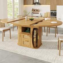 Extendable Dining Table 118-158cm, Dining Table With Rattan Storage Drawers, MDF Wood Look, Black & Natural Oak Style - Wood Color - View 5