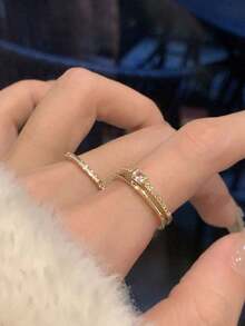 2pcs Gold Minimalist Exquisite Niche Design Premium Luxury Double Layer Ring Set Suitable For Women Daily Holiday Commute Wear - Gold - View 7