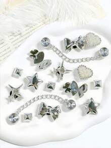 16pcs Silver Rhinestone Butterfly Shoe Charms, Flower Bow Star DIY Sandals Beach Bag Accessories Gift - Silver - View 6