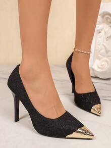 Elegant Women's High Heels, Glamorous Shiny Upper, Gold Pointed Toe Stiletto Pumps, Suitable For Weddings, Banquets, Parties - Black - View 7