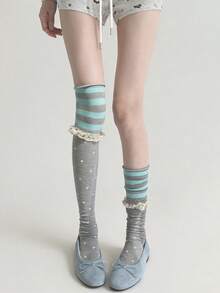 STAR RIVER 1 Pair Autumn/Winter Subculture Retro Mint Green & Grey Striped Polka Dot Contrast Lace Trim Over-The-Knee Socks, Sweet & Cool Y2K - Multicolor - View 3