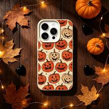 1pc Vintage Halloween Pumpkin Phone Case, Full Print Pumpkin Lantern Cute Funny Personalized Full Coverage Anti-Drop Soft Protective Shell, Halloween Thanksgiving Full Coverage Phone Case, Compatible With Apple 11 12 13 14 15 16 17 Pro Max Simple TPU Litchi Texture Design 17 Pro Max 17 Pro 18 18 Pro Max - Multicolor - View 3
