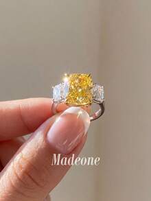 MADEONE 1pc Women's Sparkling Cubic Zirconia Rectangular Three-Stone Four-Prong Ring, Engagement Wedding Party Daily Wear Anniversary Jewelry Gift - Yellow Diamond - View 3