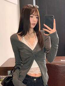 Korean Pure Desire Style Sexy Grey Striped 2-In-1 Halter Twist Long Sleeve T-Shirt Women's Autumn Lace Slim Fit Inner Layer Top - Dark Grey - View 3