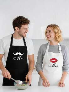 Wedding Mr & Mrs Couple Apron Set 2pcs With Pockets Adjustable Kitchen Cooking Aprons, Lips & Mustache Print Couple Aprons, Suitable For Bride & Groom, Wedding Gift, Anniversary, Bridal Shower, Valentine's Day, Housewarming, Home Baking, BBQ, Cooking Party, Unisex His & Hers Matching Couple Aprons - Couple Aprons - View 2