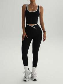 Women's High Waist Yoga Fitness Set, Colorblock Sports Top And Leggings, Elastic Polyester Blend, Suitable For Running And Training - Black - View 5