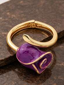 Letingsha Gold-Plated Purple Enamel Rose-Shaped Open Bangle And Adjustable Open Ring Set, Luxury Floral Design Jewelry, Suitable For Women To Wear, Applicable For Weddings, Banquets, Daily Parties And Other Occasions - Purple - View 7