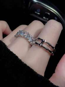 2pcs Copper Vintage Fashion Bamboo Joint Geometric Double Layer Open Ring Set, Unique Niche Design, High-End Minimalist Versatile Finger Rings For Women, Suitable For Daily And Holiday Wear - Silver - View 4