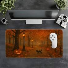 Halloween Themed Extra Large Mouse Pad, Autumn Forest Pumpkin Black Cat Print, Stitched Soft Fabric Keyboard Desk Mat, Non-Slip Rubber Base, Gaming Office Desktop Decoration Gift - View 10
