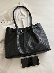 Women Woven Tote Bag, Large Capacity Soft Shoulder Handbag, Buckle Decor Work Daily Shopper Bag - Black - View 7