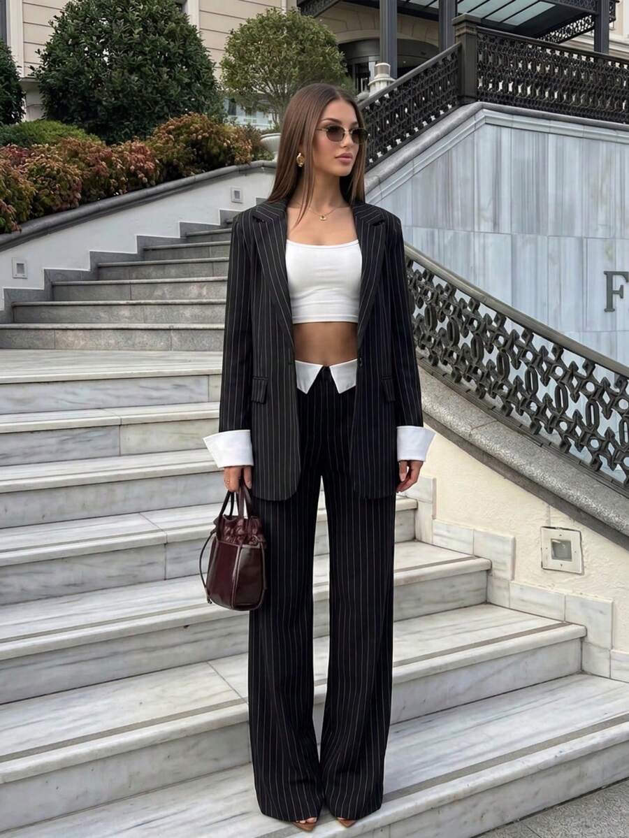 Setelan Blazer Garis-Garis dan Celana Panjang Lebar Wanita, Kerah Reguler, Lengan Panjang, Kain Tidak Melar, Cocok untuk Pakaian Musim Gugur - Hitam - View 1
