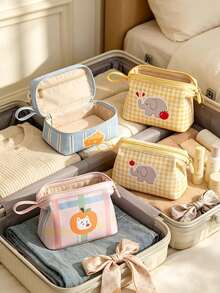 1pcCasual Style PU Fabric Curved Cosmetic Bag, Striped & Plaid Print With Fruit & Animal Graphic, Zipper Pouch With Hand Strap, Storage Pouch For Makeup, Skincare And Small Items, Travel Cosmetic Case, Suitable For Daily Use, Trip, All Season Use - Multicolor - View 5