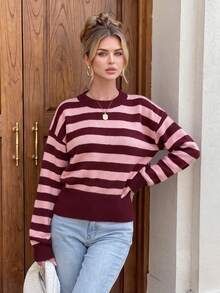Nicenter Women's Autumn Coffee-Pink Striped Wool Blend Sweater, Crew Neck, Dropped Shoulder, Long Sleeve, Loose Short Pullover, Ribbed Hem, Soft Vintage Casual - Coffee Brown - View 7