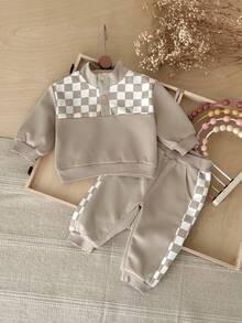 2Pcs/Set Boys' Checkerboard Patchwork Half-Zip Stand Collar Sweatshirt & Jogger Pants Casual Sports Outfit, Spring/Autumn - Khaki - View 5