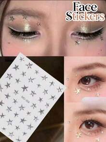 1pc Gold Five-Pointed Star Face Sticker, Stage Makeup Glitter Star Decal, Self-Adhesive No Glue Eye Makeup Rhinestone Decoration, Music Festival Party Performance Makeup Nail Art Universal, Glitter Star Sticker, Create Clear Atmosphere Makeup Look - Silver - View 1