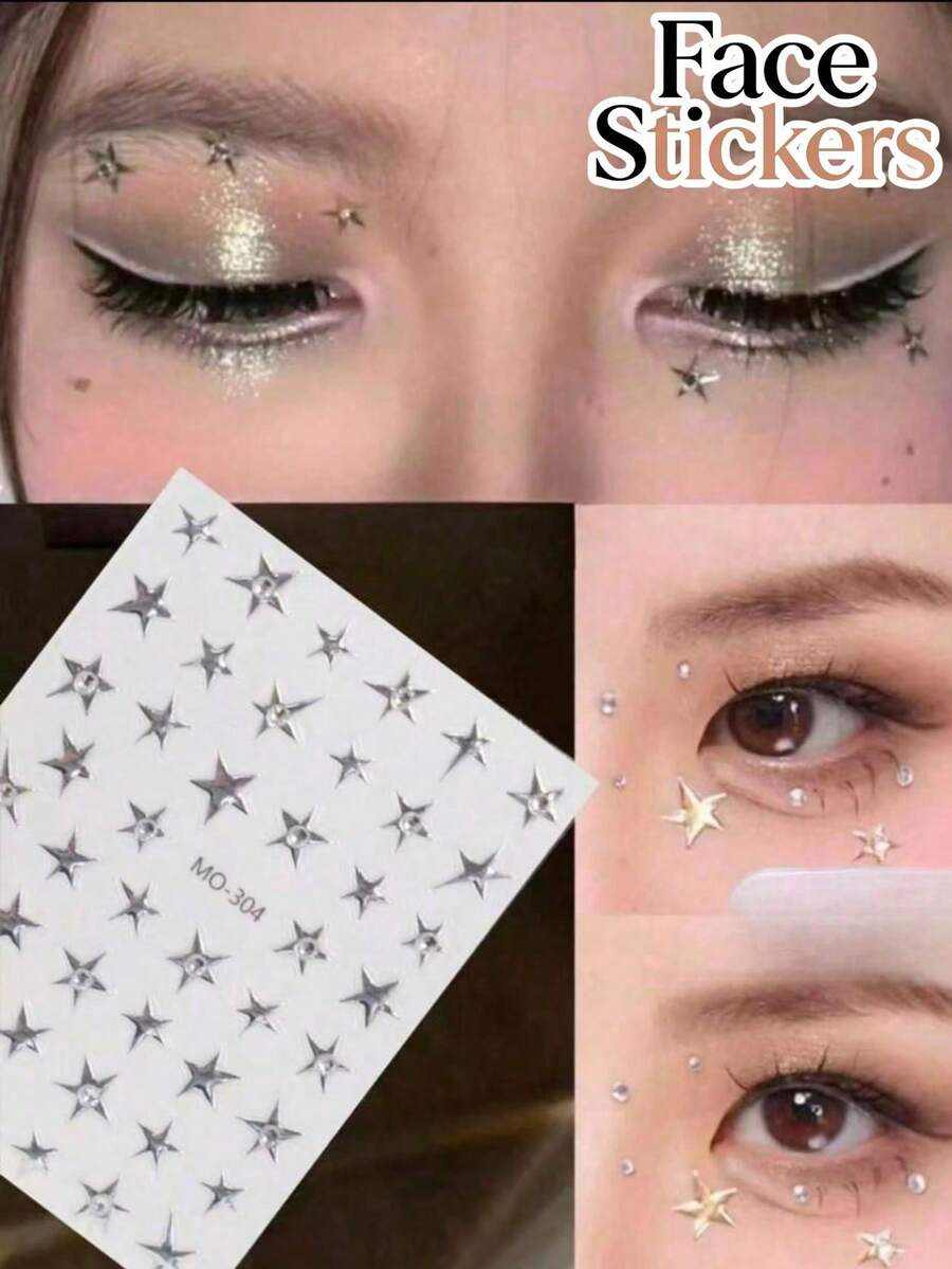 1pc Gold Five-Pointed Star Face Sticker, Stage Makeup Glitter Star Decal, Self-Adhesive No Glue Eye Makeup Rhinestone Decoration, Music Festival Party Performance Makeup Nail Art Universal, Glitter Star Sticker, Create Clear Atmosphere Makeup Look - Silver - View 1