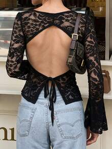 Backless Lace Tie Bell Sleeve Fitted Top Elegant Party Sexy Lace Bachelorette Afternoon Tea Shirt Fall Winter Night Out - Black - View 5