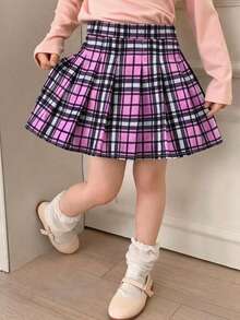 Falda mini plisada a cuadros de estilo universitario de verano para niña joven - Rosa Fucsia - Ver 2