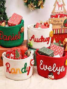 Customized Personalized Christmas Gift Basket, Crocheted Rope Basket, Holiday Decoration, Christmas Eve Basket, Christmas Gift Storage Basket - Multicolor - View 2