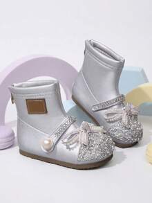 1 Pair Girls' Sweet Thermal Lined Silver Pearl Bow Rhinestone Ankle Boots, Suitable For Winter School, Outings And Shopping - Silver - View 1