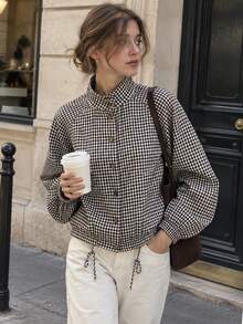 Plaid Jackets For Women Cropped Fall Outfit For Women Long Sleeve Funnel Neck Jacket Loose Button Up Coat Bomber Jacket Women - Multicolor - View 1