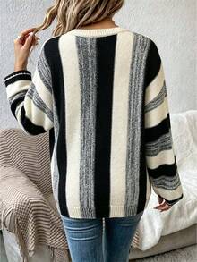 Plus Size Casual Fashion Black & White Striped Colorblock Crew Neck Long Sleeve Knit Sweater - Black and White - View 7