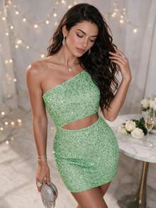 Women's 3D Sequin One-Shoulder Spaghetti Strap Dress, Asymmetric Neckline, Curved Waist Cutout Design, Sexy Fitted Bodycon Mini Dress, Autumn/Winter Birthday Party, Christmas, New Year's Eve, Cocktail Party And Romantic Date Little Dress - Mint Green - View 9