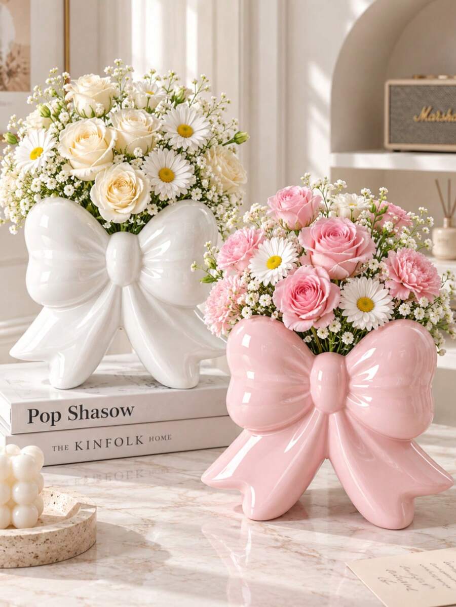 Jarrón decorativo de plástico con lazo lindo, soporte para flores estilo INS, adecuado para sala de estar, escritorio, estantería, entrada, dormitorio, adorno de decoración del hogar - Florero con lazo de pie - Ver 1