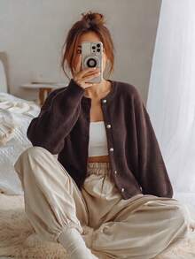 New Autumn/Winter Round Neck Button Knit Cardigan, Coffee Color Top, Casual Women's Winter Sweater Jacket, Suitable For Urban Commute And Daily Wear - Dark Coffee - View 2