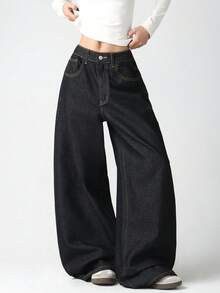 1pc Women's Retro American Street Style Embroidered Black Loose Fit Wide Leg Jeans, Comfortable And Fashionable Casual Pants For All Seasons, Decorative Back Pockets (Belt/Accessories Not Included) - Black - View 2