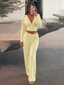 Cardigan With Hidden Buttons V-Neck Top Slim Fit Tie Waist Long Set - Yellow - View 4