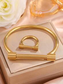 rakol 2pcs/Set Gold Tone Lock Bangle Bracelet And Ring Set For Women Minimalist Jewelry Stackable Ring Matching Set Elegant Fashion Gift - Multicolor - View 7