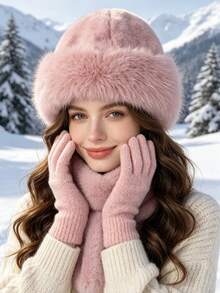 1 Set Women's Winter Bucket Hat + Plush Scarf + Knitted Full Finger Gloves Set, Warm Wool Lining, Solid Color Thick Design, Suitable For Outdoor Activities - Multicolor - View 2