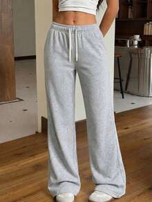 1pc Teens/Girls' Retro Street Style Wide Leg Sweatpants, Loose Straight Relaxed Fit Casual Long Pants, Versatile For Daily Wear - Light Grey - View 1