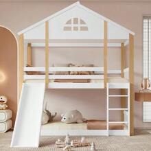 [31116667WAA] Bunk Bed With Characteristic Windows And Three-Step Corner Ladder, Kids' Bed With Slide, House Bed With Fences And Safety Rails, Solid Wood Bed Frame, White+Natural, 90x200cm - White+Natural + Solid Wood+MDF + 90cm*200cm - View 7