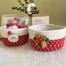 1pc Hand-Woven Rope Christmas Storage Basket, Santa Claus Festive Desktop Organizer, Round Decorative Storage Basket For Living Room, Bedroom, Office, Entryway, Versatile Holiday Home Decor, Xmas New Year Gift, Cozy Winter - Multicolor - View 5