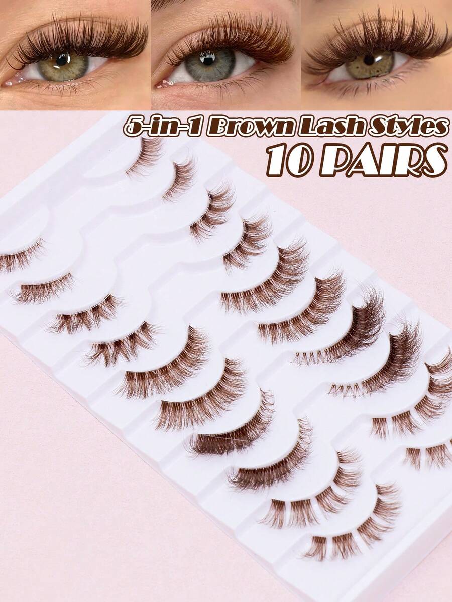 10 Pairs Mixed Brown Full Band False Eyelashes, 5 Natural Thin Designs, Soft & Lightweight Handmade, Reusable Comfortable Upper Lashes, Suitable For Daily & Party Eye Makeup - Brown - View 1