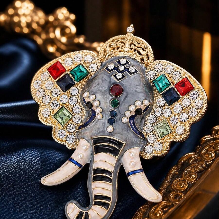 Retro Boho Elephant Brooch Colorful Rhinestone Enamel Alloy Lapel Pin, Lucky Animal Jewelry Decoration For Daily Party Gift - Multicolor - View 1