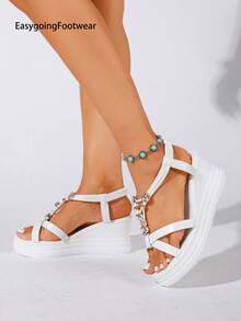 Women's Summer Bohemian Beaded Elastic Slip-On Wedge Sandals, Versatile For Beach Vacation, Daily Wear And Commuting - White - View 5